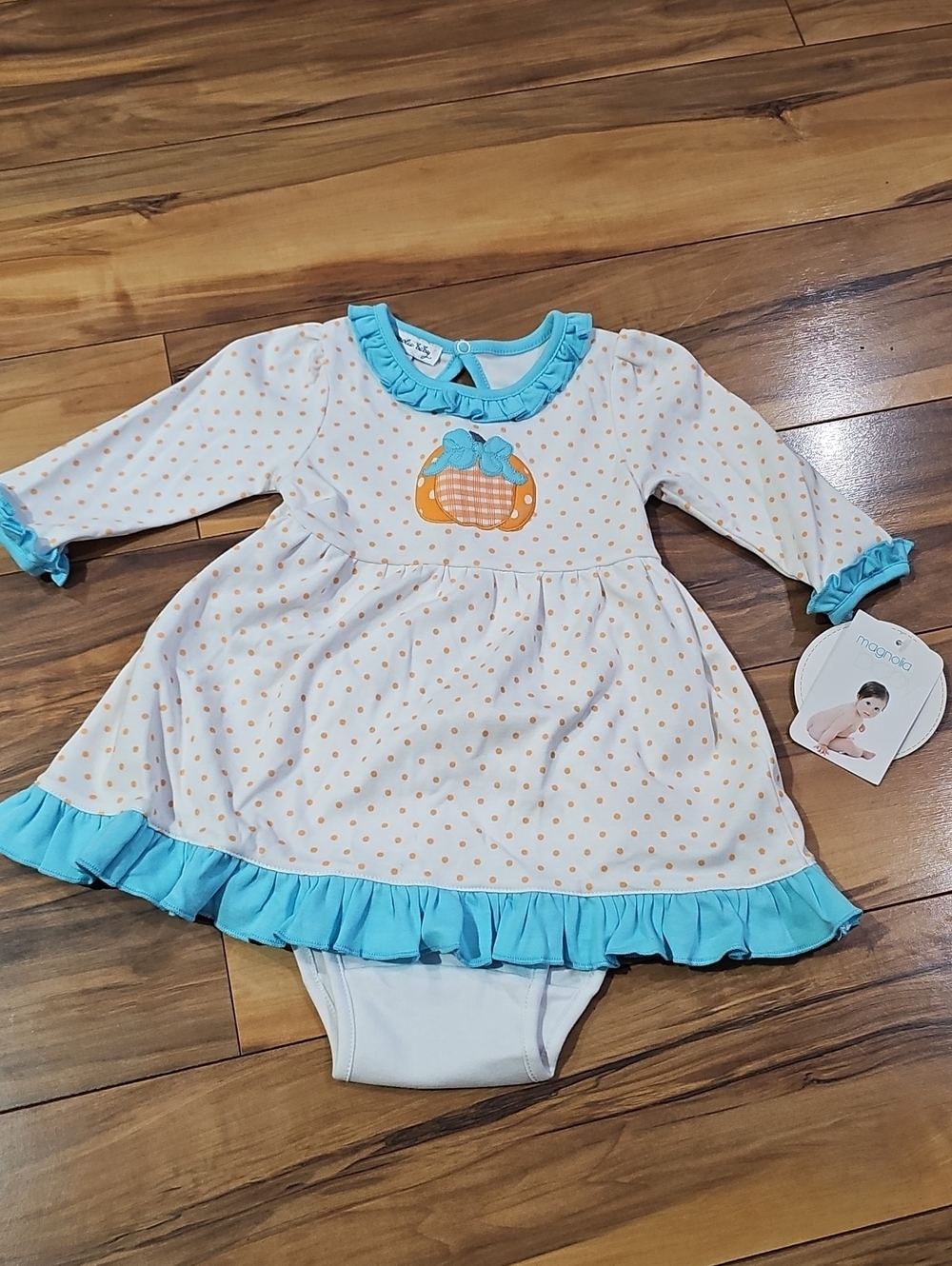 Magnolia Baby 9 Months White and Aqua Polka Dot Pumpkin Baby Dress New With Tags